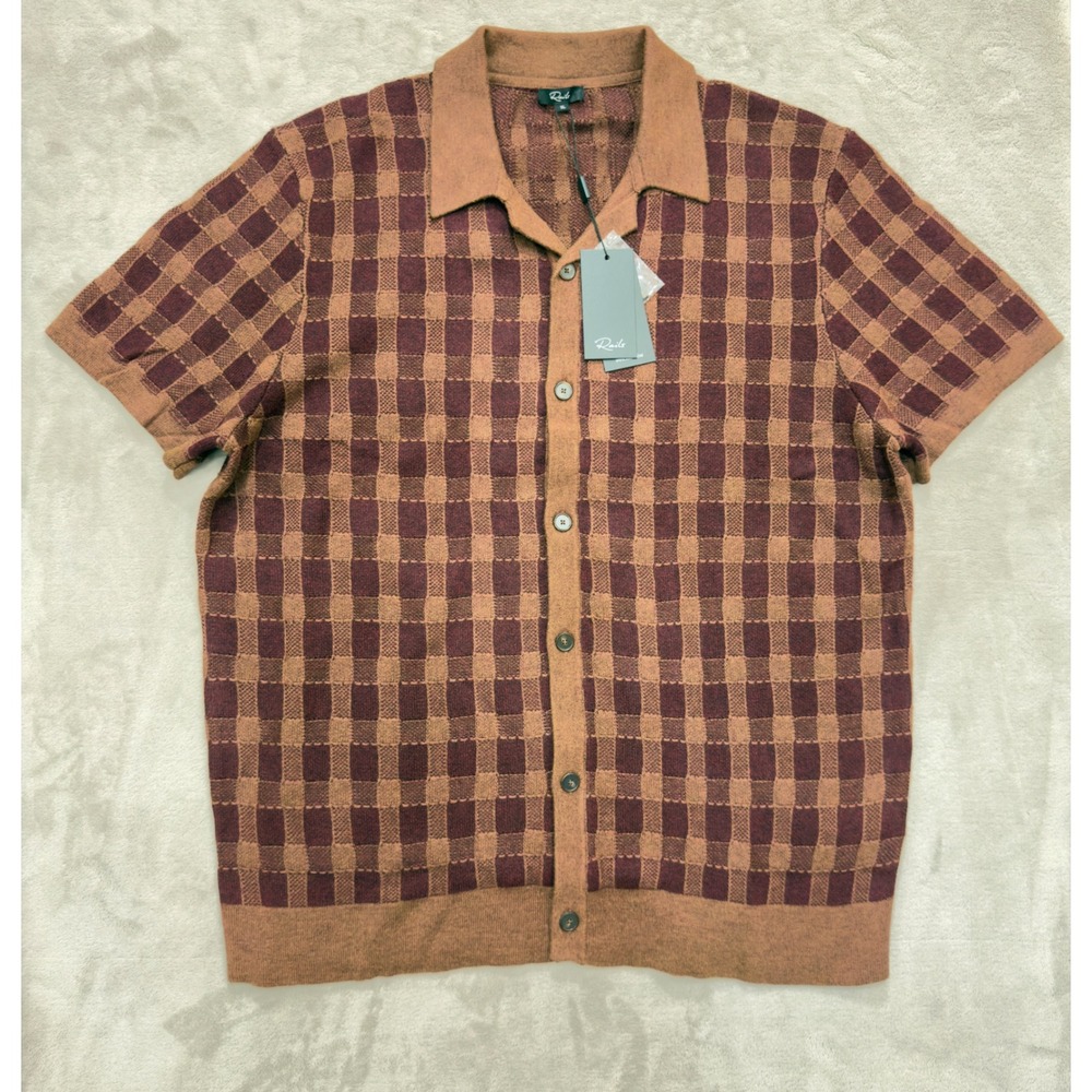 Rails Men's XL Knit Polo Shirt Brown Burgundy Checkered Button Front NWT